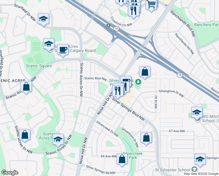 map of restaurants, bars, coffee shops, grocery stores, and more near 123 Scenic Way Northwest in Calgary