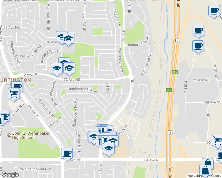 map of restaurants, bars, coffee shops, grocery stores, and more near 7228 3 Street Northeast in Calgary