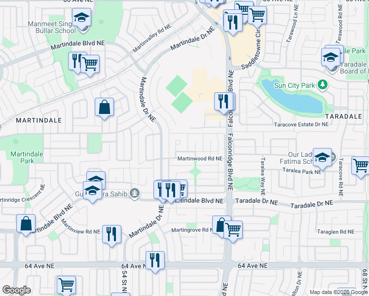 map of restaurants, bars, coffee shops, grocery stores, and more near 136 Martinwood Place Northeast in Calgary