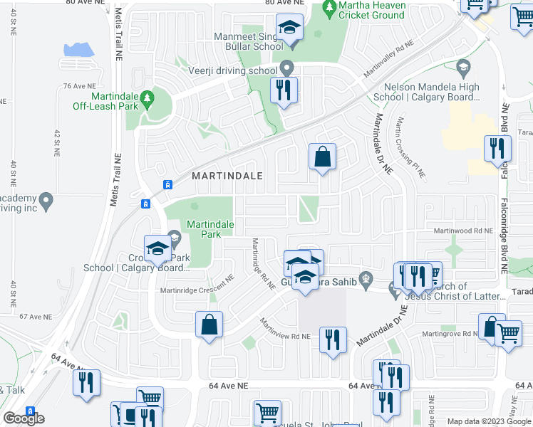 map of restaurants, bars, coffee shops, grocery stores, and more near 52 Martin Crossing Rise Northeast in Calgary