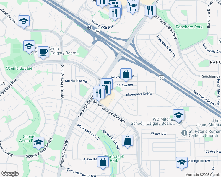 map of restaurants, bars, coffee shops, grocery stores, and more near 178 Silvergrove Way Northwest in Calgary