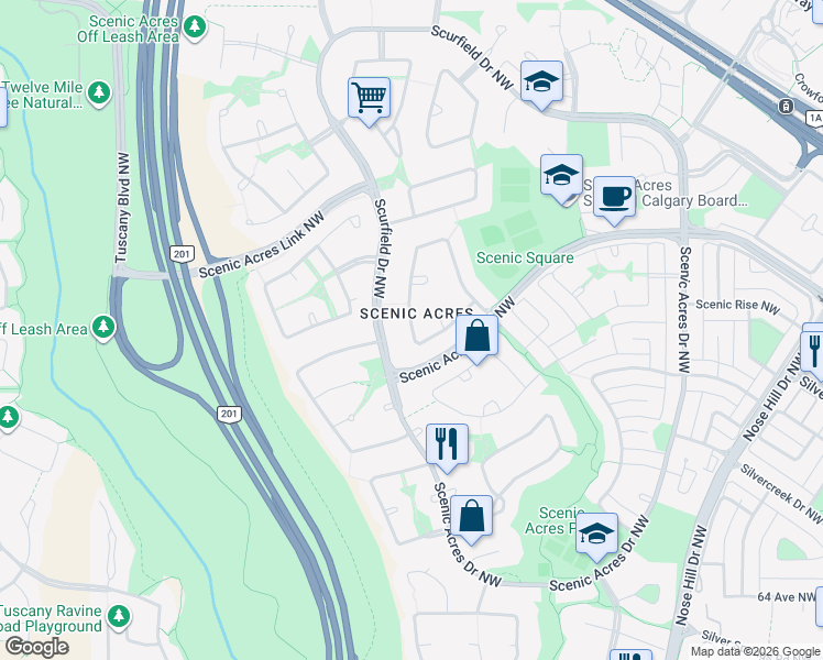 map of restaurants, bars, coffee shops, grocery stores, and more near 164 Scenic Hill Close Northwest in Calgary