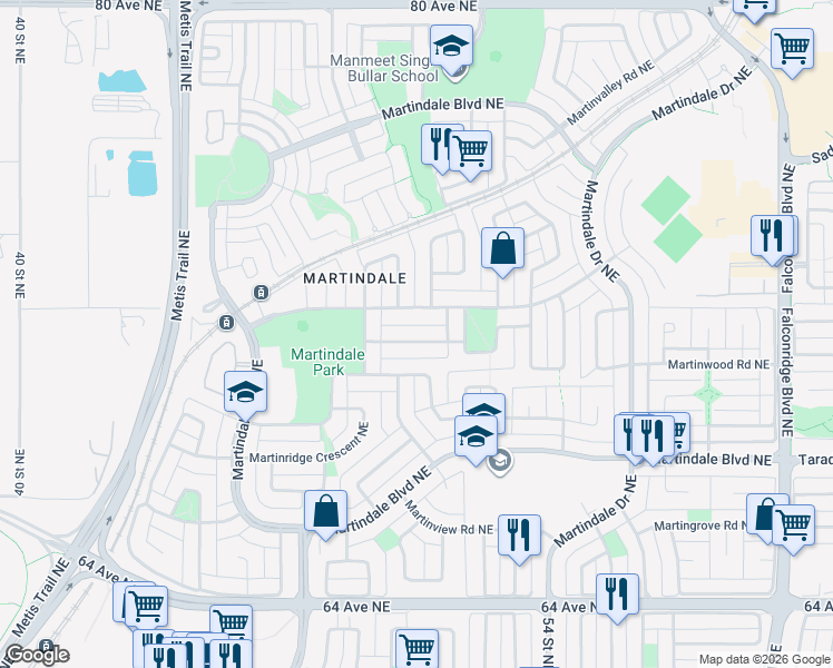 map of restaurants, bars, coffee shops, grocery stores, and more near 52 Martin Crossing Rise Northeast in Calgary