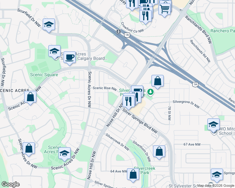 map of restaurants, bars, coffee shops, grocery stores, and more near 123 Scenic Way Northwest in Calgary