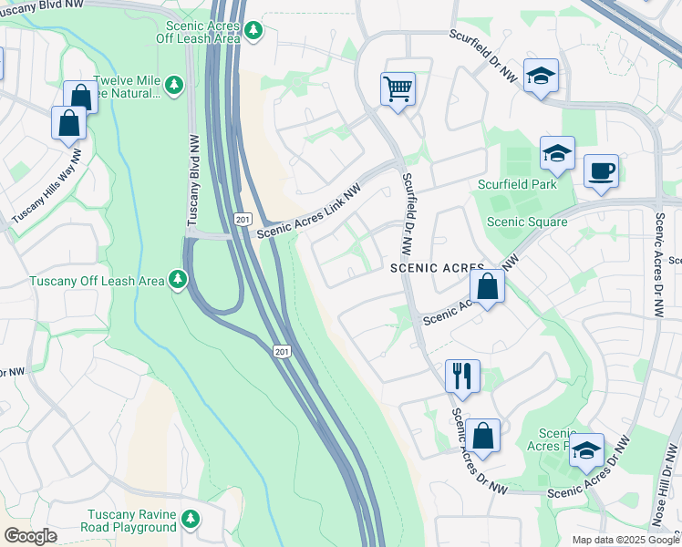 map of restaurants, bars, coffee shops, grocery stores, and more near 307 Sceptre Court Northwest in Calgary