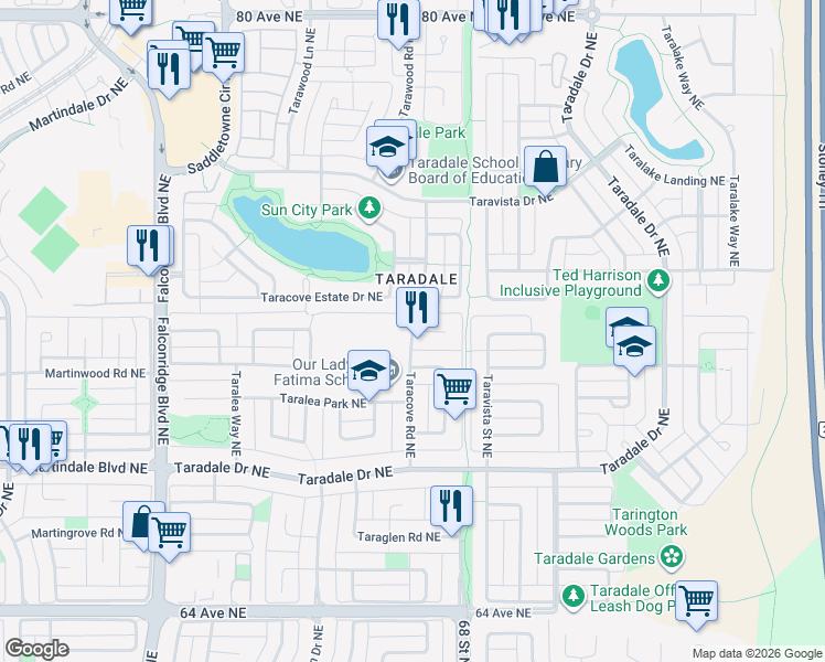 map of restaurants, bars, coffee shops, grocery stores, and more near Taracove Road Northeast in Calgary