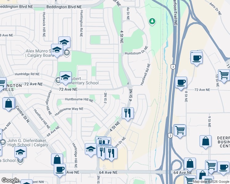 map of restaurants, bars, coffee shops, grocery stores, and more near 88 Huntmeadow Road Northeast in Calgary
