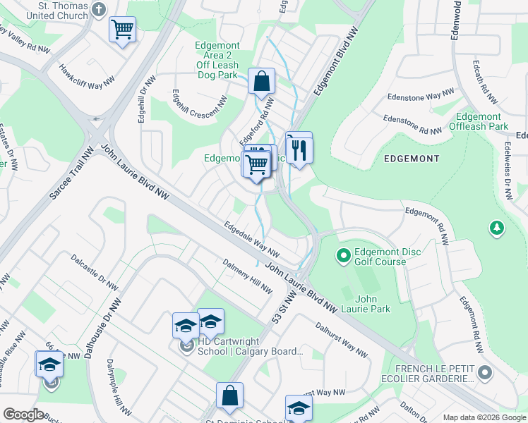 map of restaurants, bars, coffee shops, grocery stores, and more near 34 Edgedale Drive Northwest in Calgary