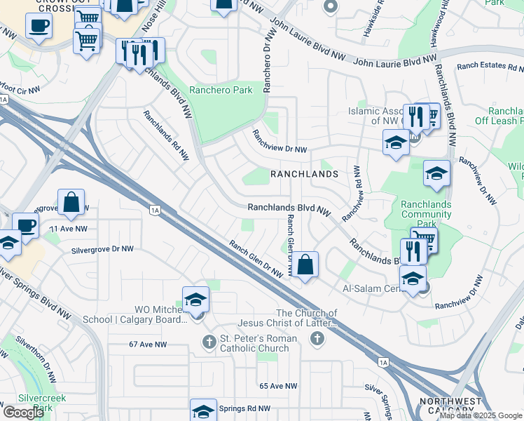map of restaurants, bars, coffee shops, grocery stores, and more near 1133 Ranchlands Boulevard Northwest in Calgary