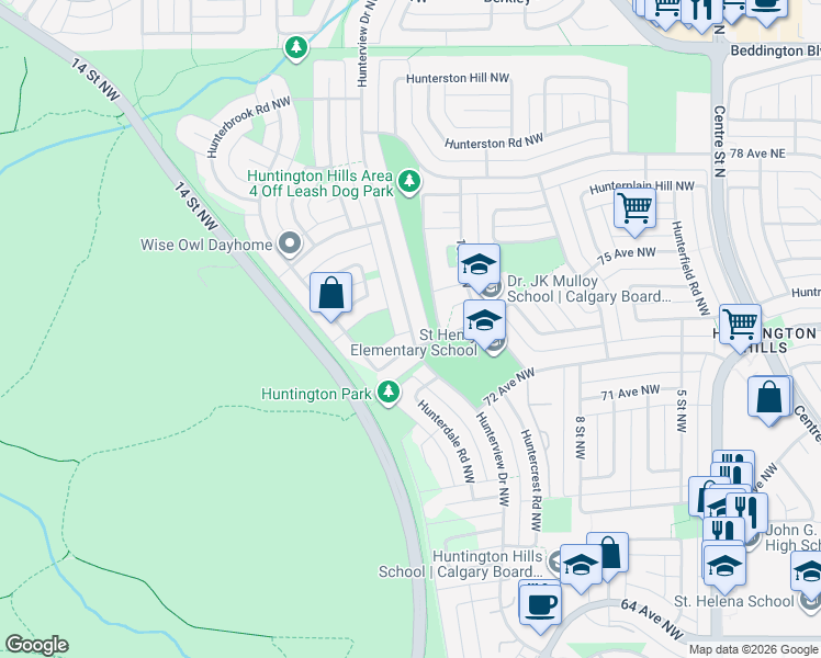 map of restaurants, bars, coffee shops, grocery stores, and more near Hunterview Drive Northwest in Calgary