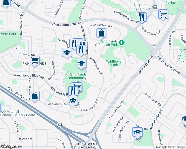 map of restaurants, bars, coffee shops, grocery stores, and more near 88-6915 Ranchview Drive Northwest in Calgary