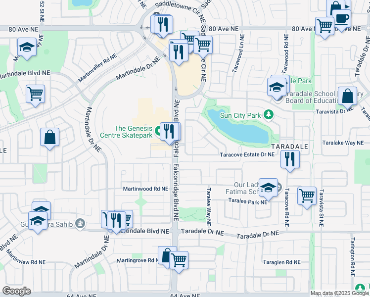 map of restaurants, bars, coffee shops, grocery stores, and more near 99 Taracove Estate Drive Northeast in Calgary