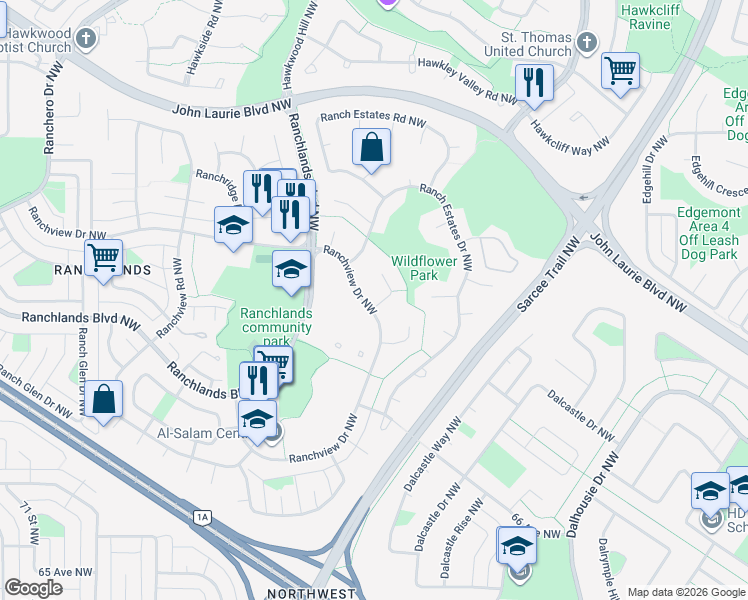 map of restaurants, bars, coffee shops, grocery stores, and more near 6904 Ranchview Drive Northwest in Calgary