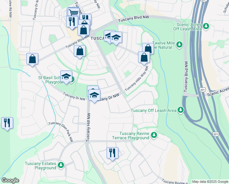 map of restaurants, bars, coffee shops, grocery stores, and more near 1059 Tuscany Drive Northwest in Calgary