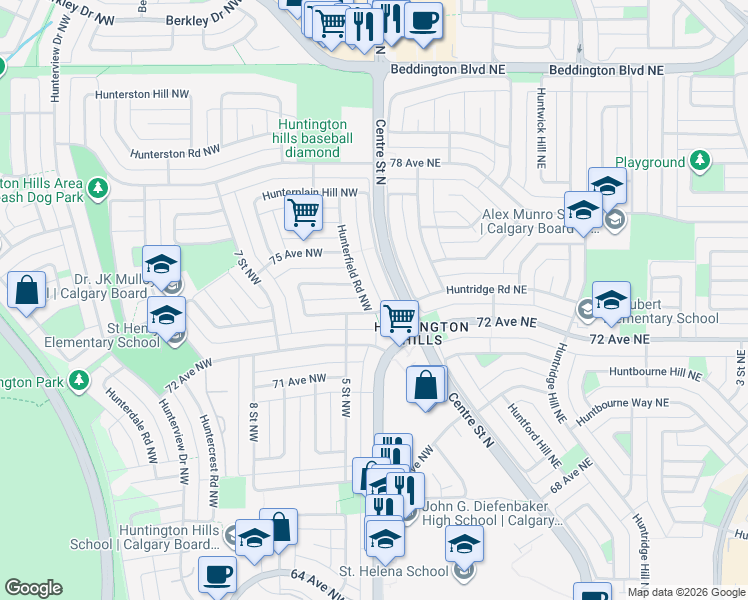 map of restaurants, bars, coffee shops, grocery stores, and more near 7305 Huntertown Crescent Northwest in Calgary