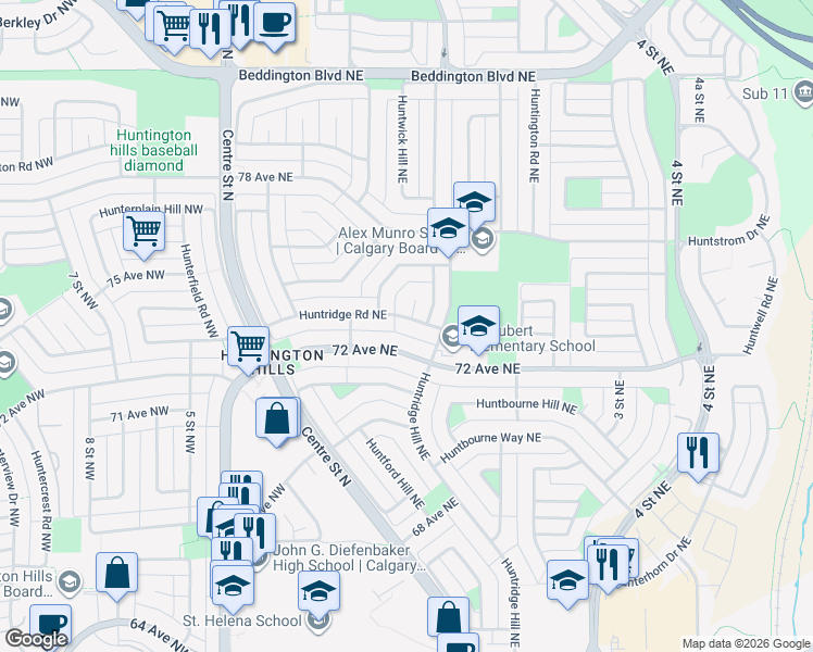 map of restaurants, bars, coffee shops, grocery stores, and more near 236 72 Avenue Northeast in Calgary