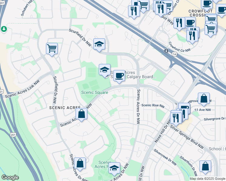 map of restaurants, bars, coffee shops, grocery stores, and more near 51 Scenic Glen Close Northwest in Calgary