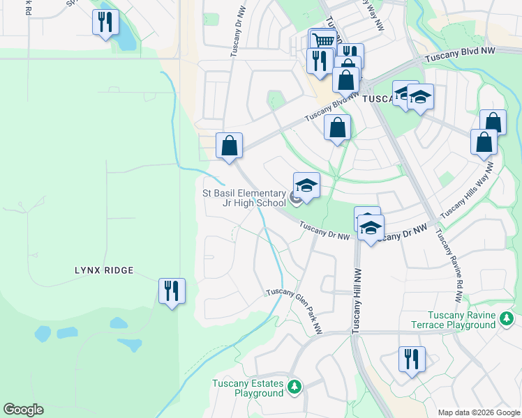 map of restaurants, bars, coffee shops, grocery stores, and more near 10 Tuscany Vista Road Northwest in Calgary