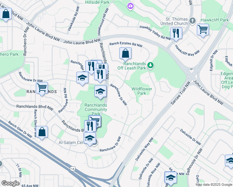 map of restaurants, bars, coffee shops, grocery stores, and more near 6915 Ranchview Drive Northwest in Calgary