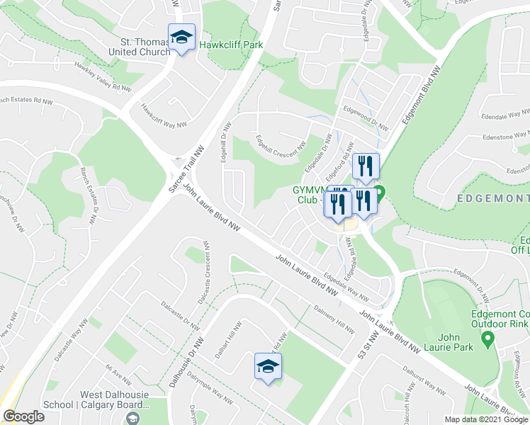map of restaurants, bars, coffee shops, grocery stores, and more near Edgehill Place Northwest in Calgary