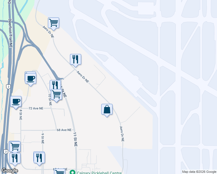 map of restaurants, bars, coffee shops, grocery stores, and more near 24 Aero Drive Northeast in Calgary