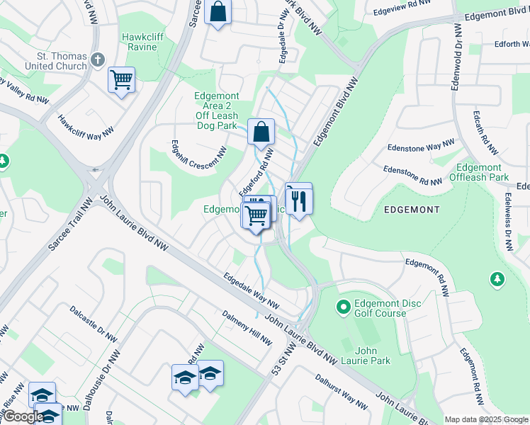 map of restaurants, bars, coffee shops, grocery stores, and more near 38 Edgeford Way Northwest in Calgary