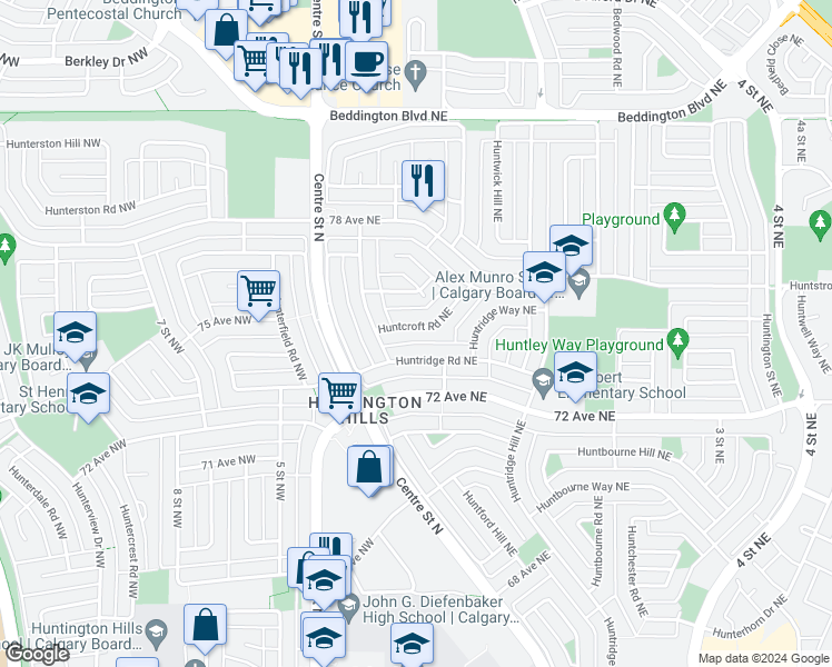 map of restaurants, bars, coffee shops, grocery stores, and more near 223 Huntcroft Road Northeast in Calgary