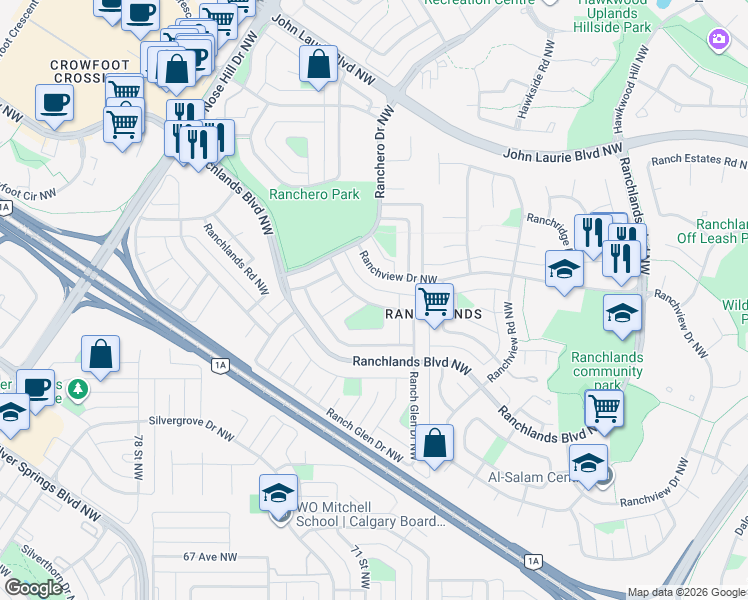 map of restaurants, bars, coffee shops, grocery stores, and more near 78 Ranchero Rise Northwest in Calgary