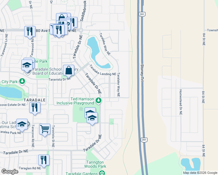 map of restaurants, bars, coffee shops, grocery stores, and more near Taralake Street Northeast in Calgary