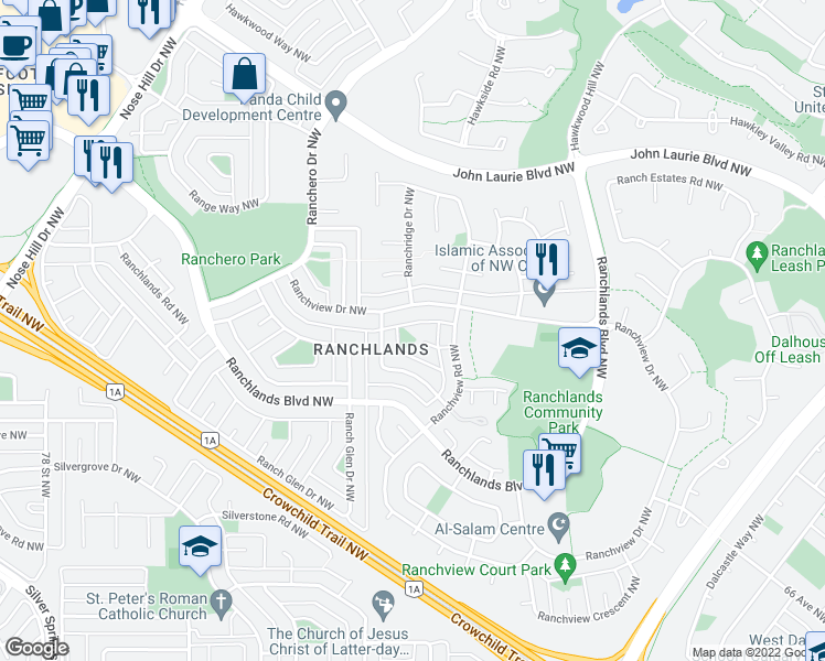 map of restaurants, bars, coffee shops, grocery stores, and more near 31 Ranchridge Place Northwest in Calgary