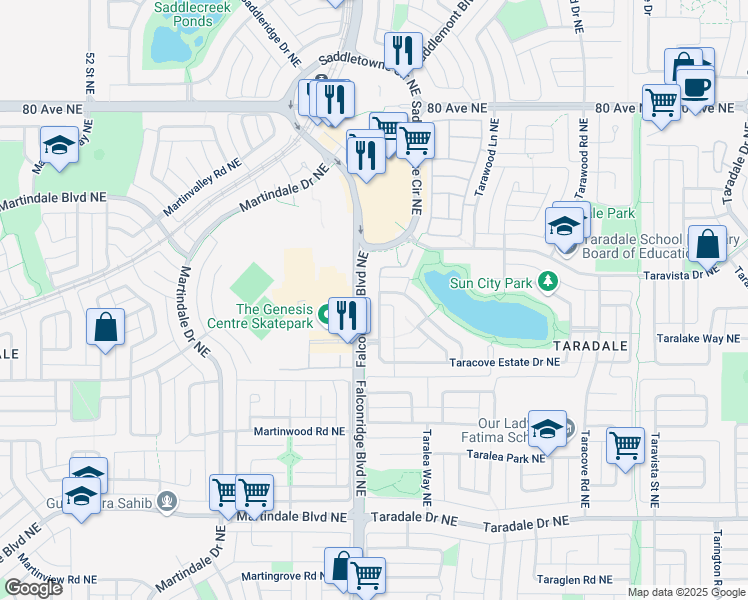map of restaurants, bars, coffee shops, grocery stores, and more near 31 Taracove Estate Drive Northeast in Calgary