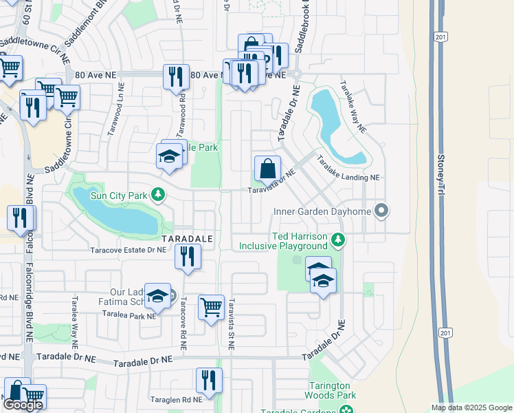 map of restaurants, bars, coffee shops, grocery stores, and more near 30 Taralake Gardens Northeast in Calgary