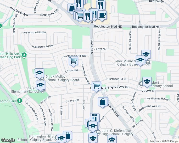 map of restaurants, bars, coffee shops, grocery stores, and more near 7539 Huntervalley Road Northwest in Calgary