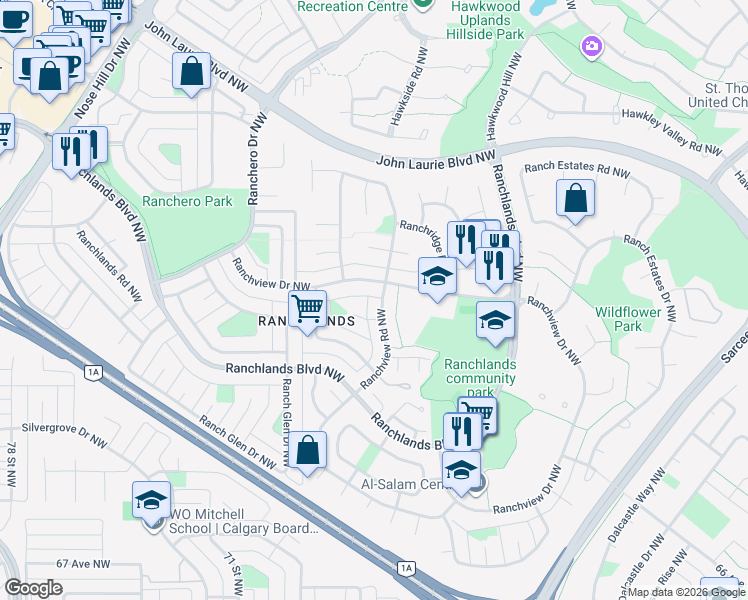 map of restaurants, bars, coffee shops, grocery stores, and more near 1275 Ranchview Road Northwest in Calgary