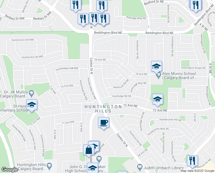 map of restaurants, bars, coffee shops, grocery stores, and more near 204 Huntcroft Road Northeast in Calgary