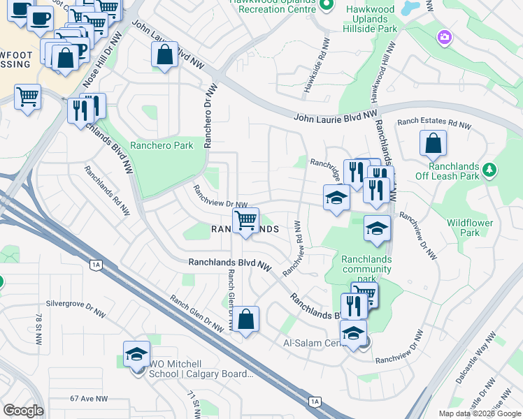 map of restaurants, bars, coffee shops, grocery stores, and more near 31 Ranchridge Place Northwest in Calgary