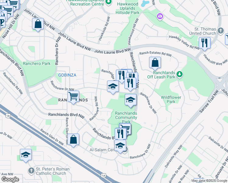 map of restaurants, bars, coffee shops, grocery stores, and more near Ranchview Drive Northwest in Calgary