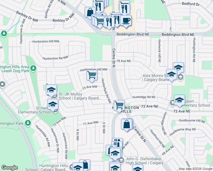 map of restaurants, bars, coffee shops, grocery stores, and more near 7539 Huntervalley Road Northwest in Calgary