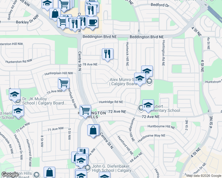 map of restaurants, bars, coffee shops, grocery stores, and more near 223 Huntcroft Road Northeast in Calgary