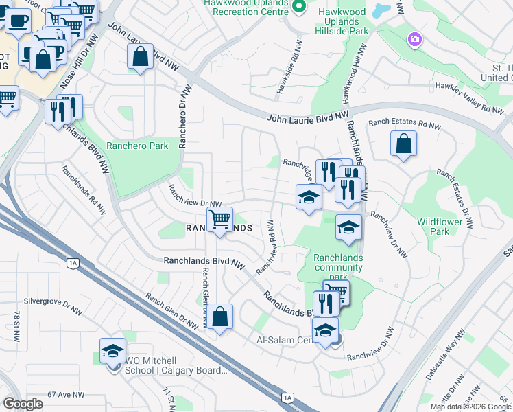 map of restaurants, bars, coffee shops, grocery stores, and more near 1275 Ranchview Road Northwest in Calgary