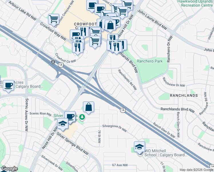 map of restaurants, bars, coffee shops, grocery stores, and more near 121 Ranchlands Court Northwest in Calgary