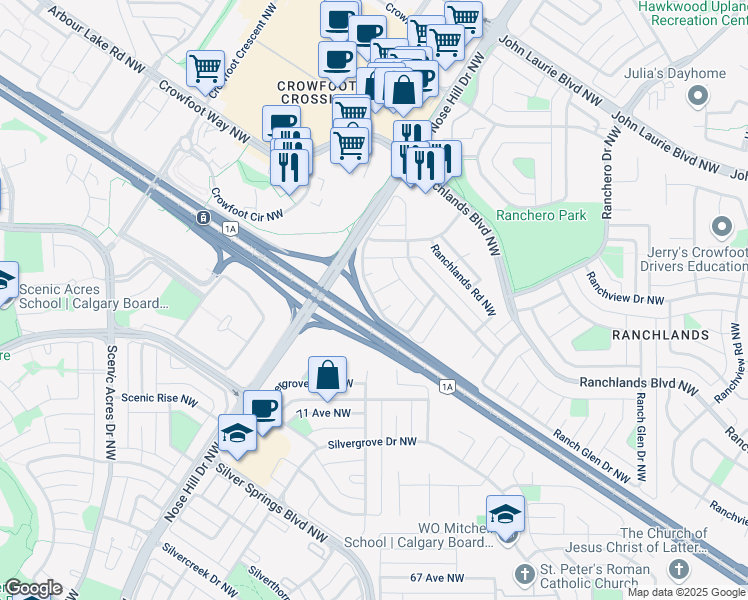 map of restaurants, bars, coffee shops, grocery stores, and more near Ranchlands Crescent Northwest in Calgary