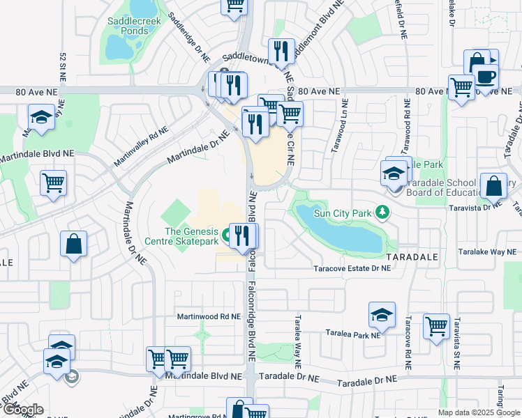 map of restaurants, bars, coffee shops, grocery stores, and more near 31 Taracove Estate Drive Northeast in Calgary