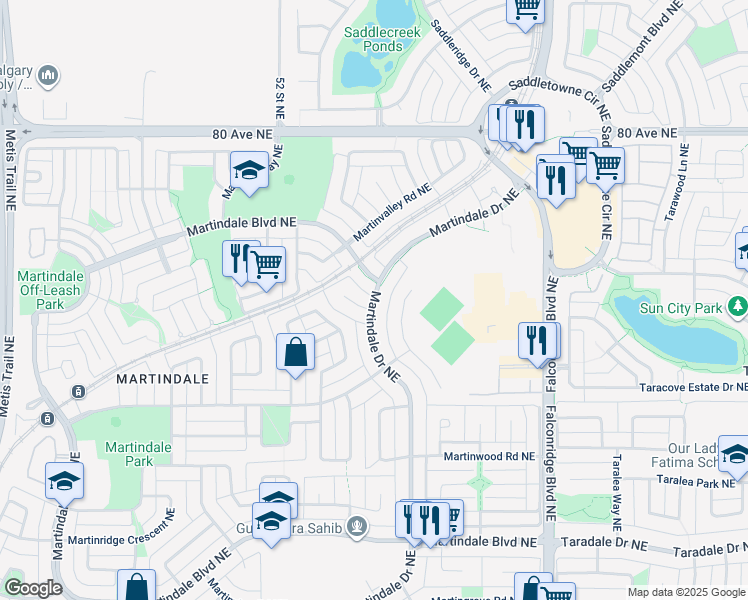 map of restaurants, bars, coffee shops, grocery stores, and more near 374 Martindale Drive Northeast in Calgary
