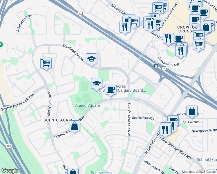 map of restaurants, bars, coffee shops, grocery stores, and more near 225 Scurfield Place Northwest in Calgary