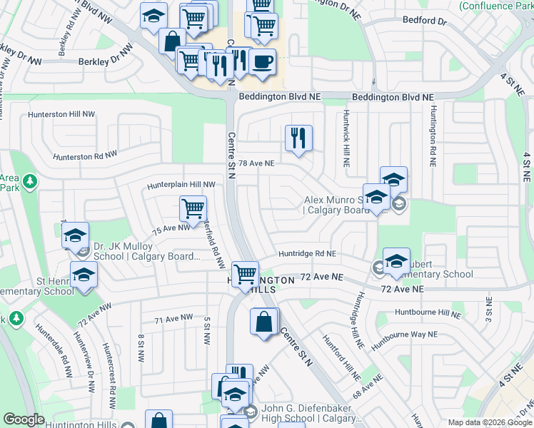 map of restaurants, bars, coffee shops, grocery stores, and more near 204 Huntcroft Road Northeast in Calgary