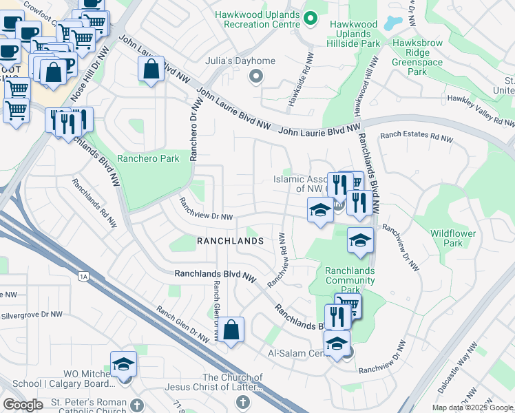 map of restaurants, bars, coffee shops, grocery stores, and more near 7924 Ranchview Drive Northwest in Calgary