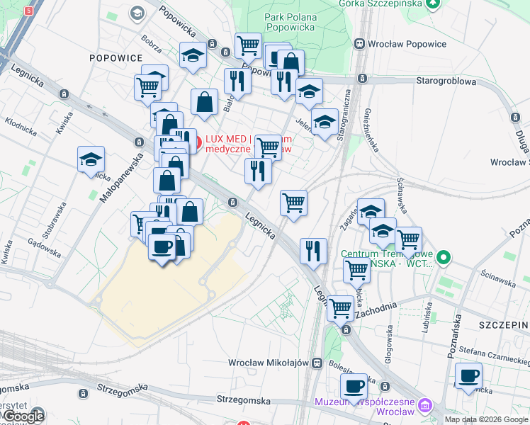 map of restaurants, bars, coffee shops, grocery stores, and more near 47 Legnicka in Wrocław
