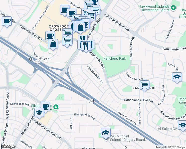 map of restaurants, bars, coffee shops, grocery stores, and more near 1506 Ranchlands Road Northwest in Calgary
