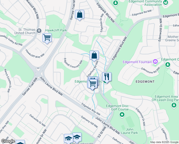 map of restaurants, bars, coffee shops, grocery stores, and more near 39 Edgeford Road Northwest in Calgary